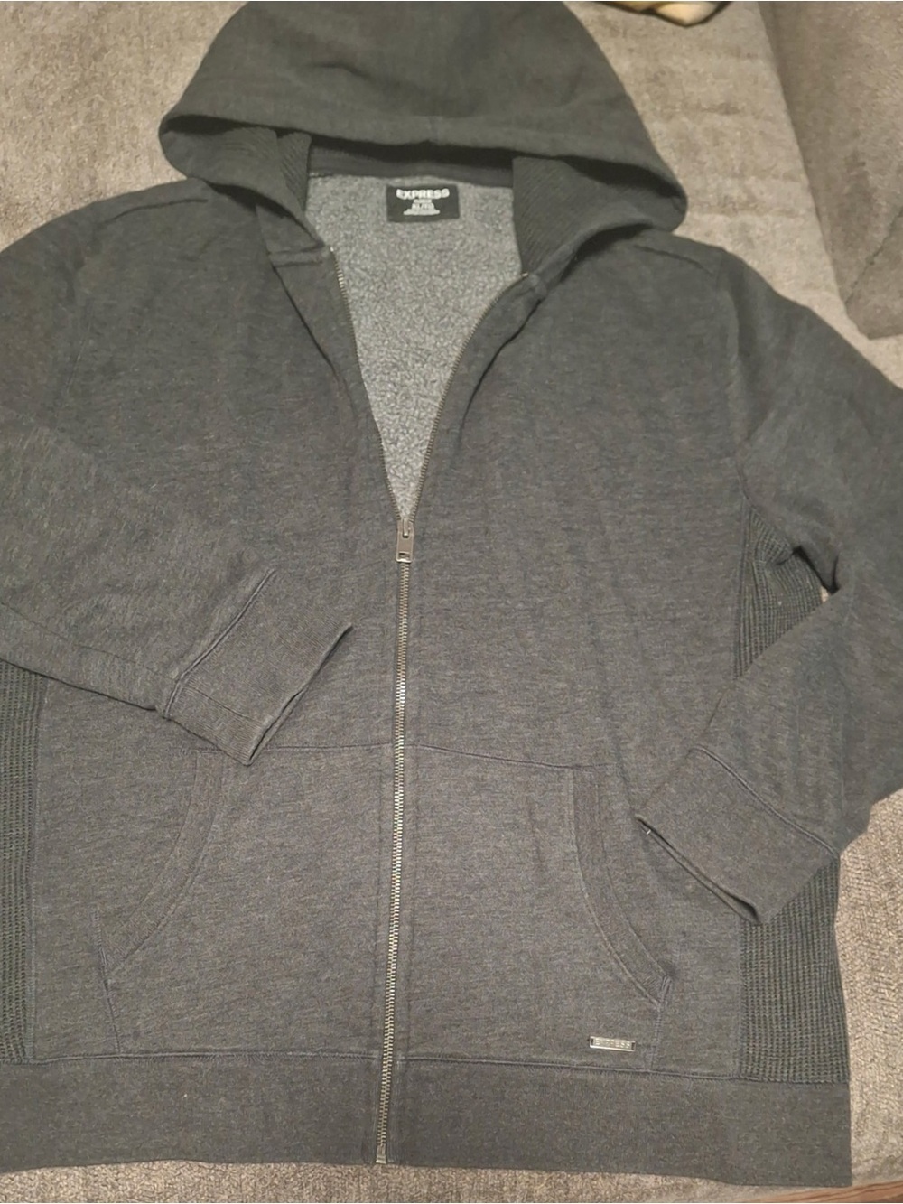 Express Men's Charcoal Zip-Up Hooded Sweater